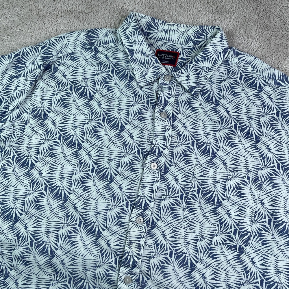 UNTUCKit Shirt Mens 2XL XXL Blue Tropical Palm Leaf Linen Driscoll Short Sleeve